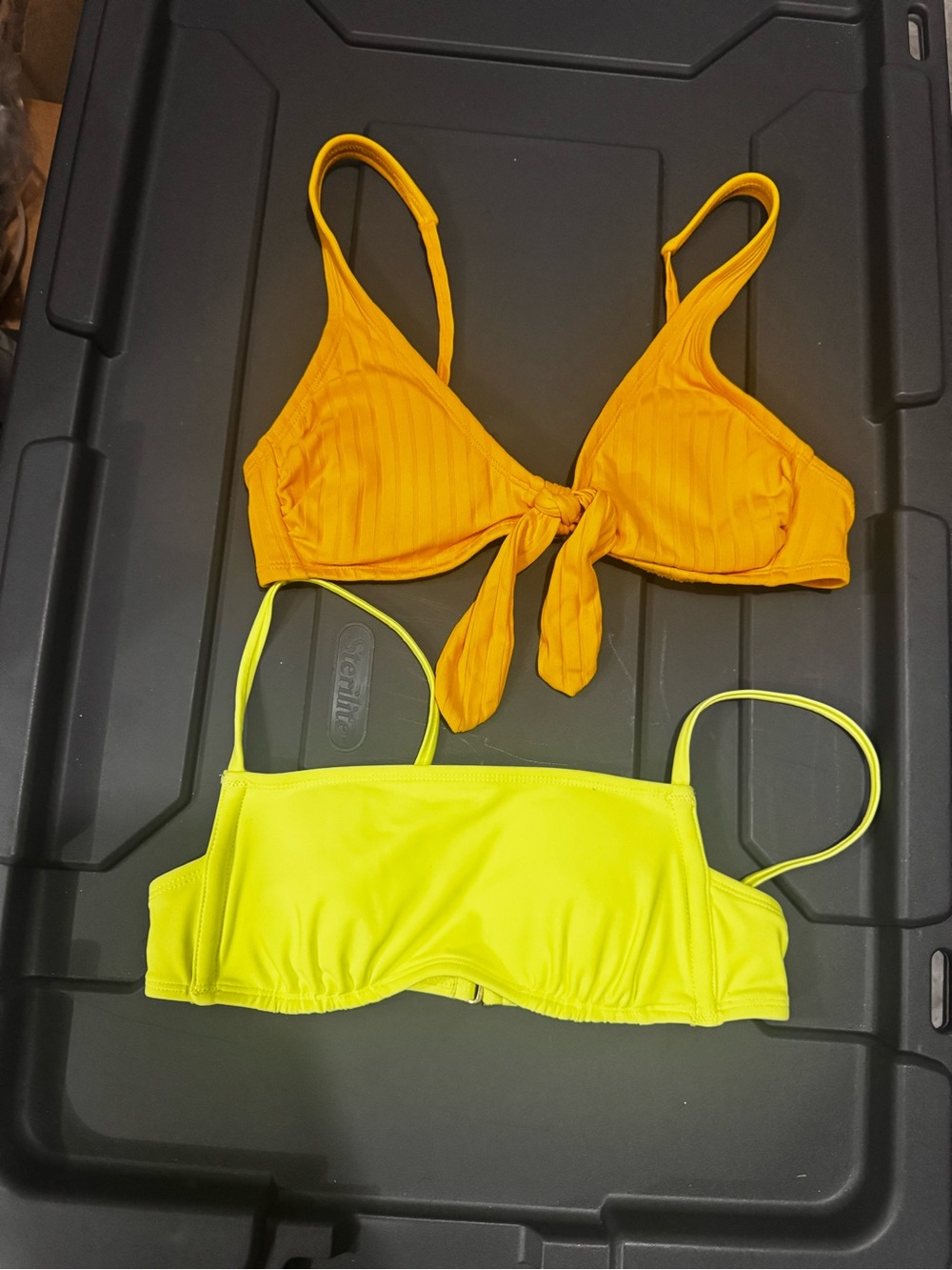 Bikini tops in golden yellow and Neon Yellow